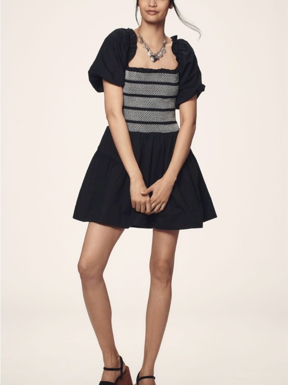 Anthropologie Black Mini Dress with Smocked Bodice - Picture 4 of 8